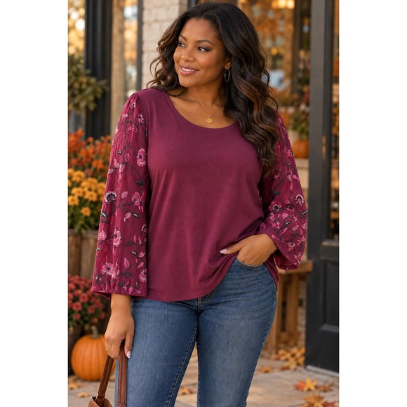 Chico's Tops - Chico's Embroidered Floral Balloon Sleeve Knit Top Women's Size 3 16 XL Burgundy